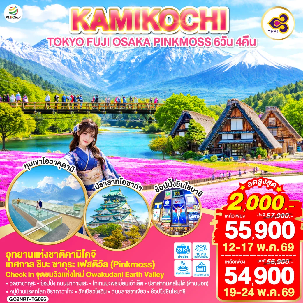ทัวร์ญี่ปุ่น TOKYO FUJI OSAKA KAMIKOCHI PINKMOSS 6วัน 4คืน (TG)